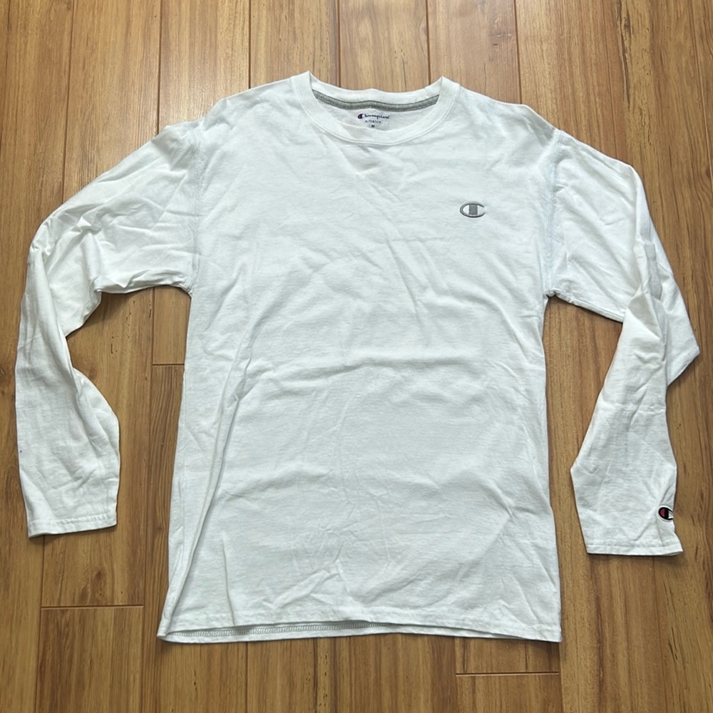Champion Men’s Medium Authentic Long Sleeve White TShirt,  Grey Silver Logo